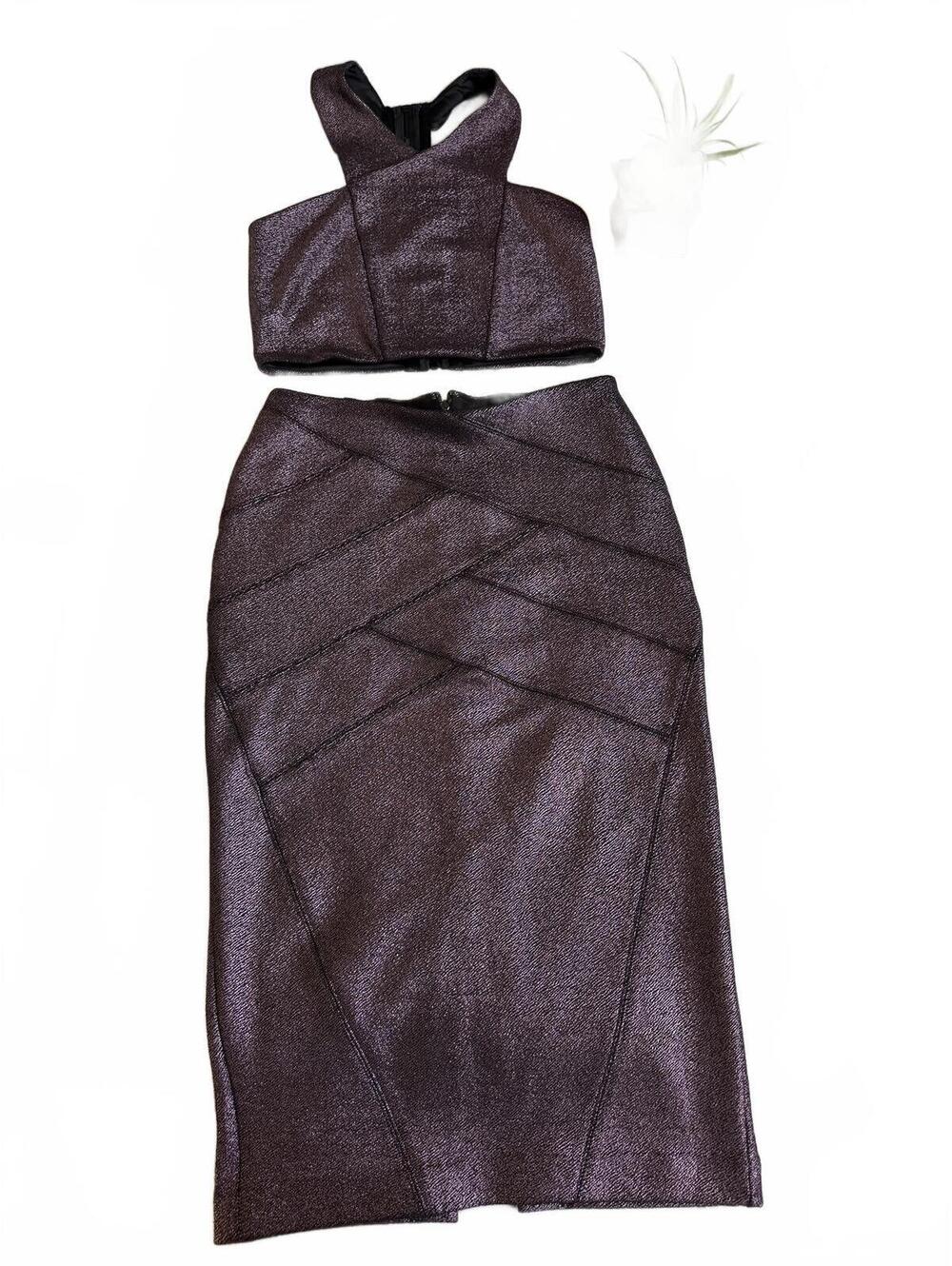 Express Two-Piece Metallic Purple Crop Top and Pencil Skirt Set Size Small